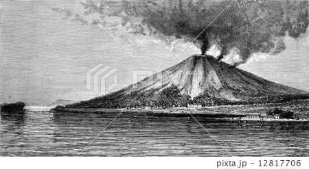The volcano in Banda, vintage engraving. 12817706