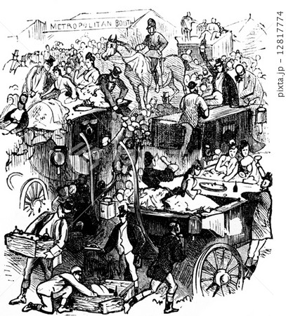 Luncheon on the drags, vintage engraving. 12817774