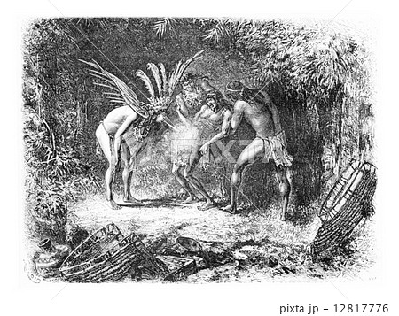Native Blowing Cigarette Smoke in Oiapoque, Brazil, vintage engr 12817776