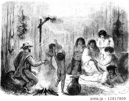 An evening at Maquea Runa, vintage engraving. 12817809