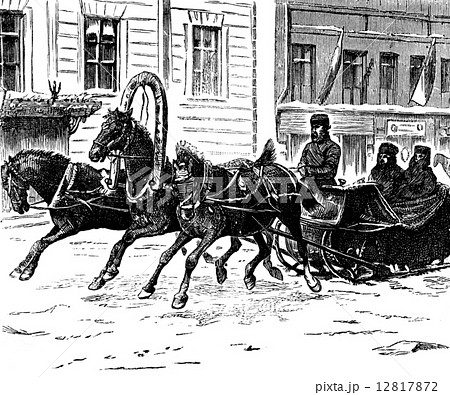 Troika three horses, vintage engraving. 12817872