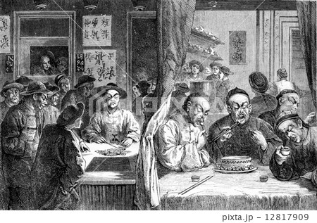Opium smokers in China, vintage engraving. 12817909