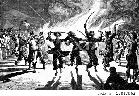 Khataks dancers. They perform the mock war, vintage engraving. 12817962