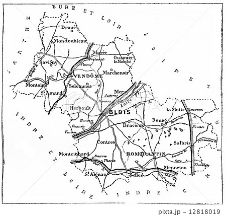Map of the department of Loir-et-cher, vintage engraving. 12818019