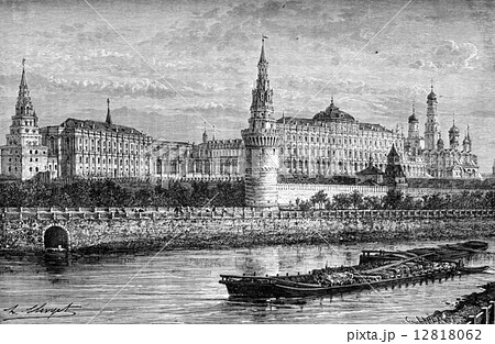 Moscow, General view of the Kremlin, vintage engraving. 12818062