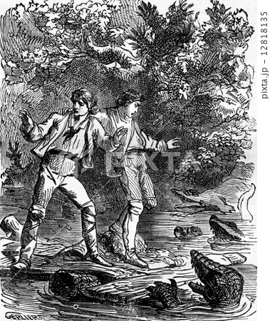 Dramas of India. Ah! my God, caimans!, vintage engraving. 12818135