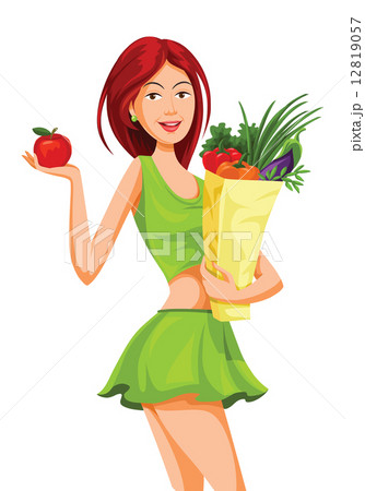Vector of beautiful woman holding an apple and grocery bag full 12819057