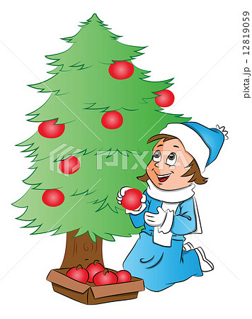 Vector of happy woman decorating Christmas tree. 12819059