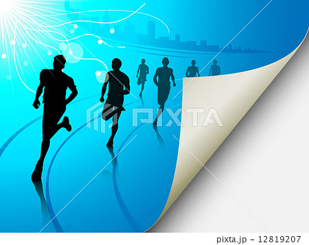 Group of runners on a blue cityscape background, with the page f 12819207