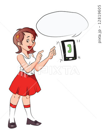 Vector of a thoughtful girl pointing at smartphone with a receiv Vector of a thoughtful girl pointing at smartphone with a receiv 12819605