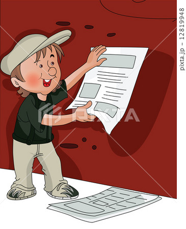 Vector of man pasting poster on wall. 12819948