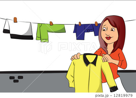 Vector of woman hanging clothes on clothesline. Vector of woman hanging clothes on clothesline. 12819979