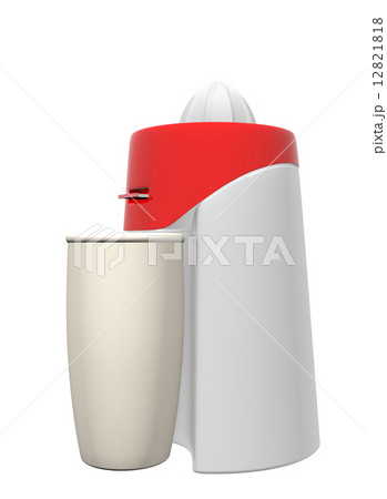 Red and white juicer and tall beige glass, 3D illustration 12821818