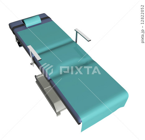 Adjustable medical examination table or bed with green sheet, 3D 12822052