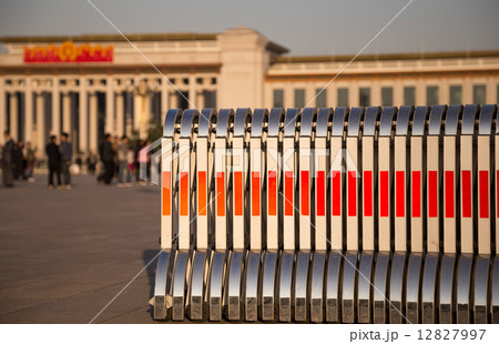Fencing for security-- Tiananmen Square -- is a large city square in the center of Beijing, China 12827997