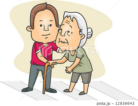 Man Helping An Old Lady Cross The Streetのイラスト素材