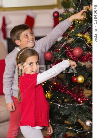 Smiling brother and sister decorating the christmas tree 12840048
