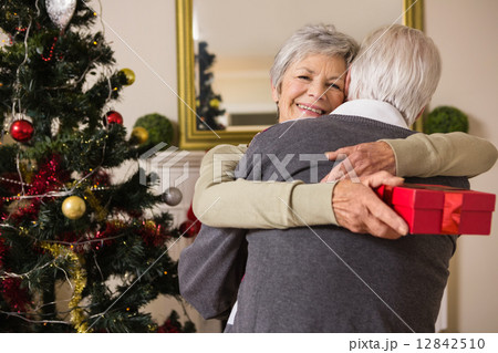 Senior couple hugging beside their christmas tree 12842510