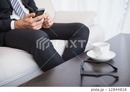Businessman sending a text on the couch 12844816