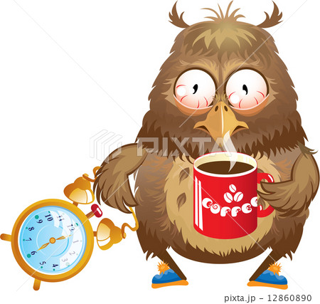Early morning time - funny owl with cup of coffee and alarm cloc 12860890