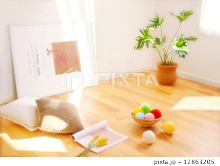 フローリングの毛糸玉とクッション 12863205