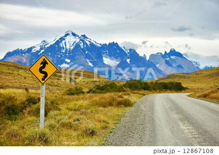 Winging road sign in Torres del Paine 12867108