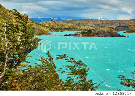 Scenic view of Pehoe lake in Torres del Paine 12868517