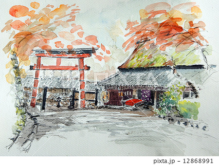 紅葉の京都・鳥居本の手書きスケッチ画 紅葉の京都・鳥居本の手書きスケッチ画 12868991