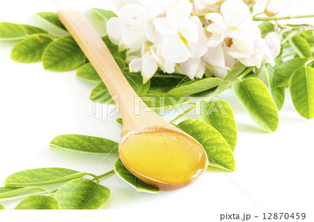 Honey in spoon with acacia flower and leaves 12870459