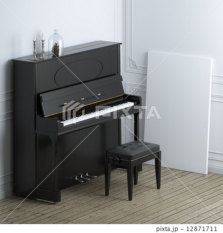 Retro black piano with empty frame in classic interior 12871711
