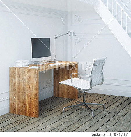 Working place interior design with stairs and white armchair 12871717