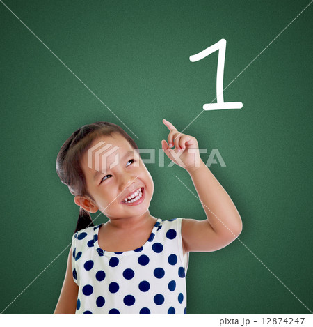 Portrait of cute girl point up Portrait of cute girl point up 12874247