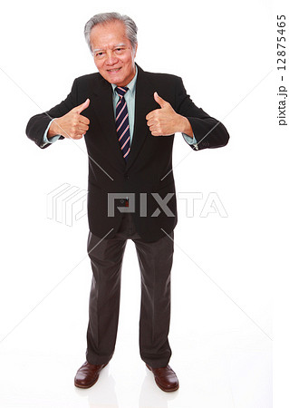white background oldman studio shot businessman portrait suit senior formal smiling thumbsup welcome 12875465
