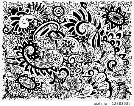 Vector Monochrome Doodle Floral Patternのイラスト素材