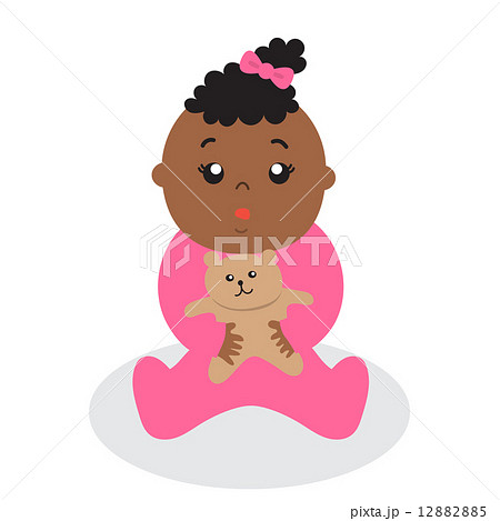 黒人の赤ちゃんとテディベア 女の子のイラスト素材 1285