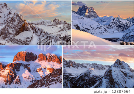 collage of high mountains snowy winter landscapes  12887664
