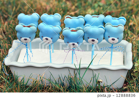 teddy bears shaped macarons on grass background teddy bears shaped macarons on grass background 12888836