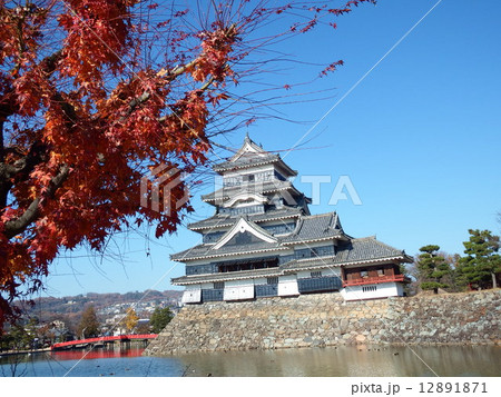 晩秋の紅葉の向こうに烏城の異名をとる国宝松本城が見える。 12891871