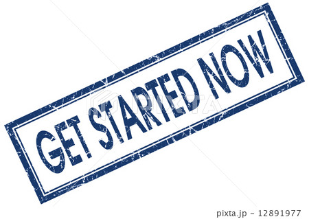 get started now blue square stamp isolated on white background 12891977