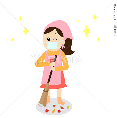 箒で落葉を掃除する女性のイラスト素材