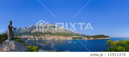Panorama of Makarska and statue of St. Peter at Croatia 12911376