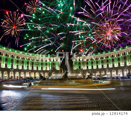 Celebratory fireworks over Republic square. Italy. Rome 12914174