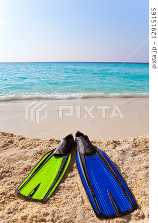 different colors flippers on sand at sea edge 12915165
