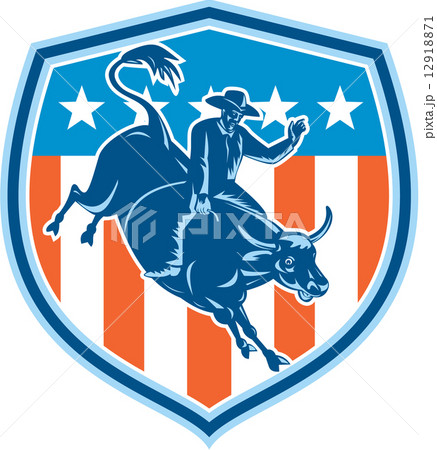 Rodeo Cowboy Bull Riding Flag Shield Retro 12918871