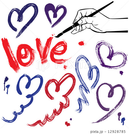Set of brush strokes and scribbles in heart shapes and word LOVE 12928785