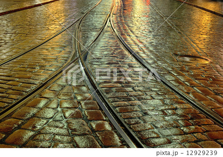 old stone pavement and the tram rails in Helsinki, Finland 12929239
