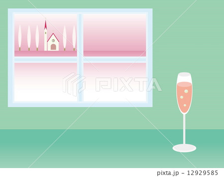 冬風景 窓 ピンクシャンパンのイラスト素材