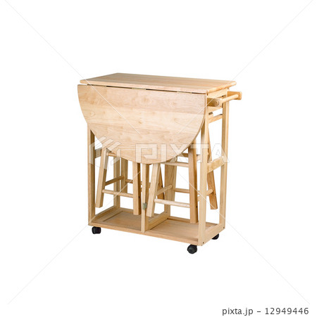 Folding and movable wooden table with stools 12949446