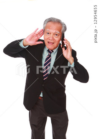 white background,old man, studio shot, portrait, senior, formal, office, mobile phone, talking, suit 12954655