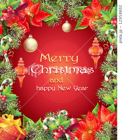 Greeting card with Christmas and New Year tree with branches, pine cones, toys, candy and flower 12958602